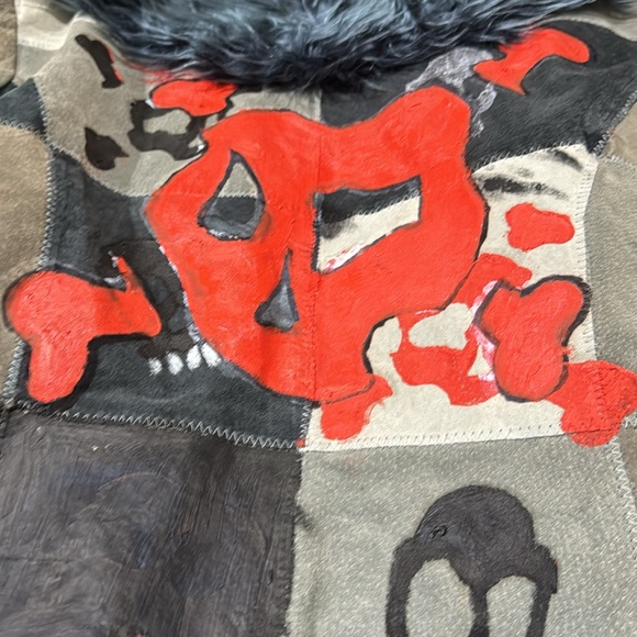 Blue Patchwork Leather Jacket, Hand-Painted w/Skulls (L) - Picture 4 of 7